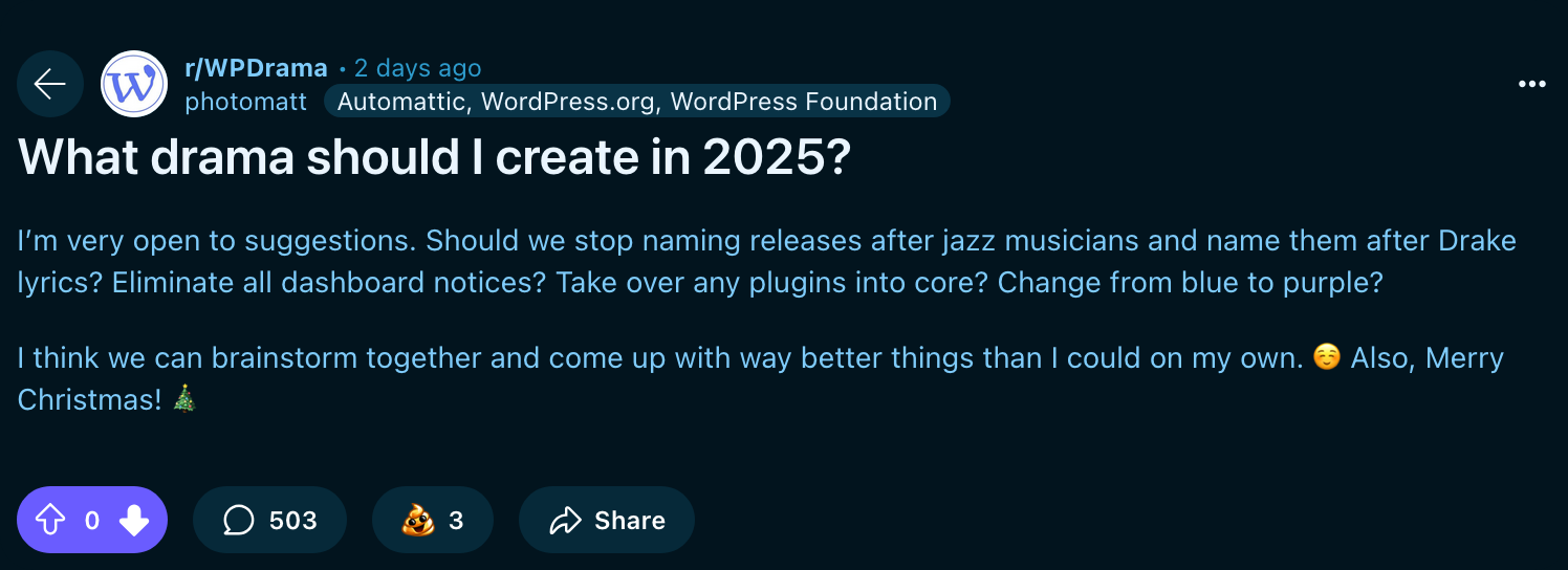 Matt Mullenweg's Christmas Joke Falls Flat, Community Responds | WPMore Holiday Drama Edition