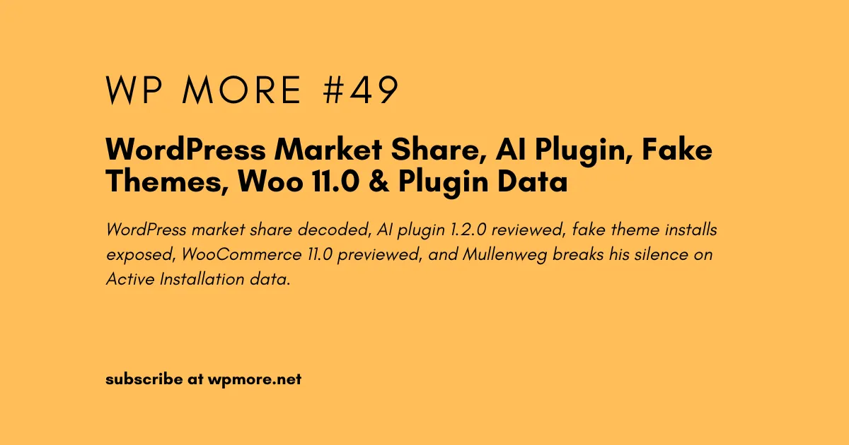WordPress Market Share, AI Plugin, Fake Themes, Woo 11.0 & Plugin Data | WP More – Issue 49
