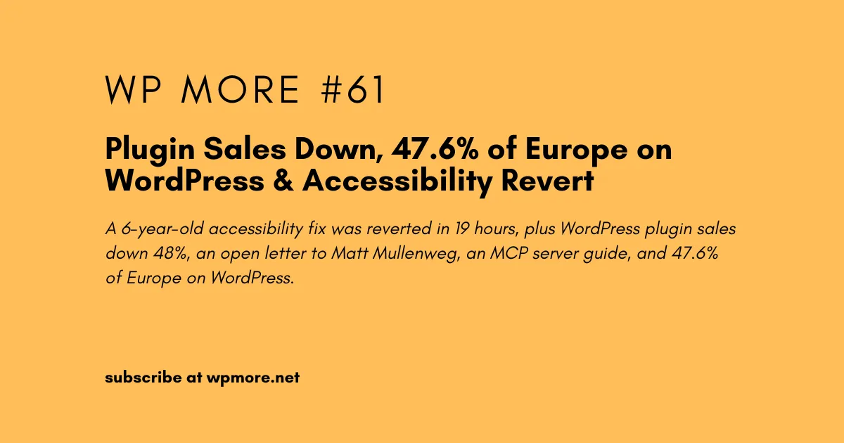 Plugin Sales Down, 47.6% of Europe on WordPress & Accessibility Revert | WP More – Issue 61